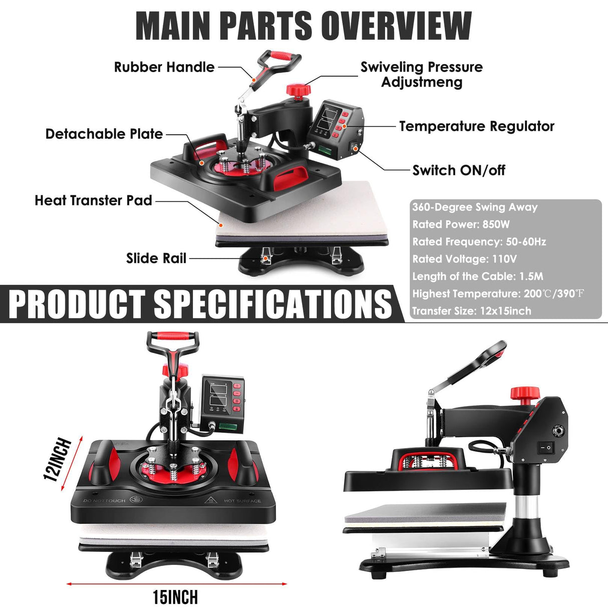 WHUBEFY Heat Press, 15x12 Inch 8 in 1 Shirt Press Multifunction Combo 360° Swing Away Digital Printing Heat Transfer Sublimation Machine Vinyl Heat Press Machine for T Shirts, Cap, Mug, Plate, DIY Whubefy
