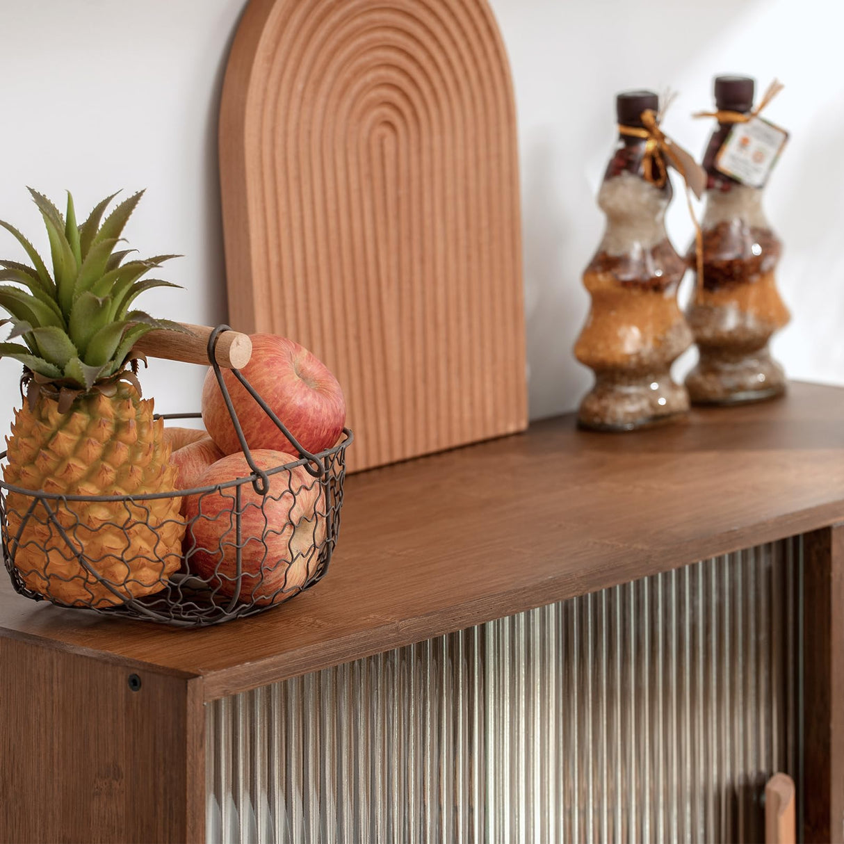 HollyHOME Bamboo Wall Mounted Kitchen Sideboard with 2 Sliding Glass Door, Freestanding Wall Storage Cabinet with Side Shelf for Bottle, Dish, Bowl, Console Dining Cupboard, Walnut HollyHOME