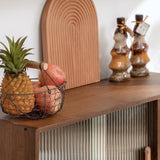 HollyHOME Bamboo Wall Mounted Kitchen Sideboard with 2 Sliding Glass Door, Freestanding Wall Storage Cabinet with Side Shelf for Bottle, Dish, Bowl, Console Dining Cupboard, Walnut HollyHOME