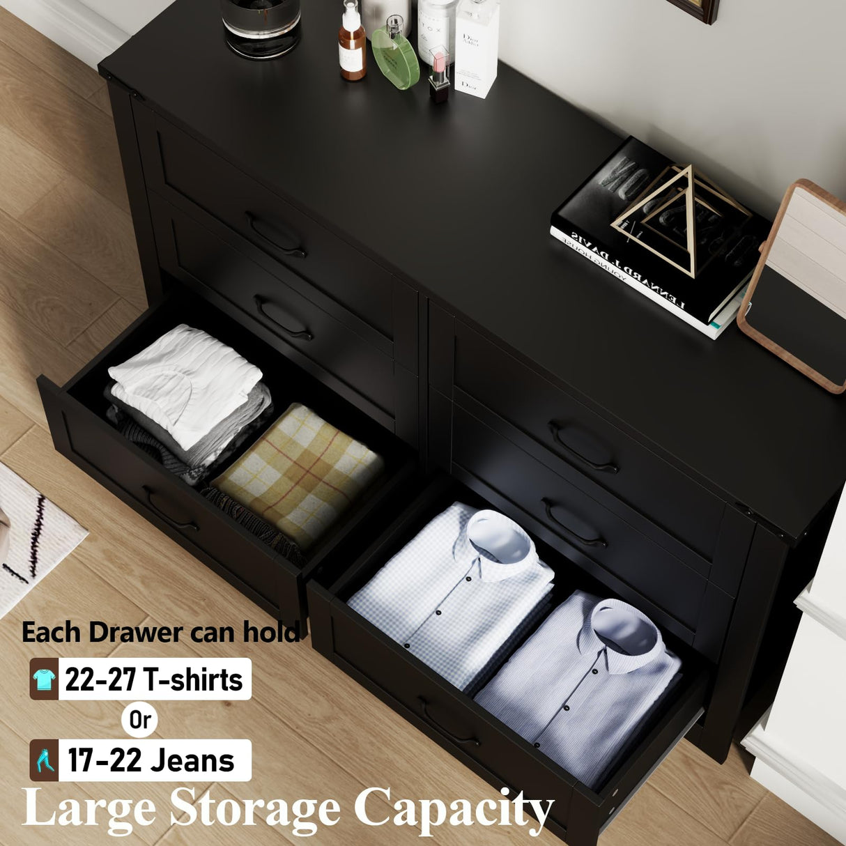 Loomie Farmhouse 6 Drawers Double Dresser for Bedroom, Modern White Dresser Chest of Drawers, Wide Dressers Organizer, Accent Storage Cabinet for Closet, Living Room, Hallway, Black Loomie