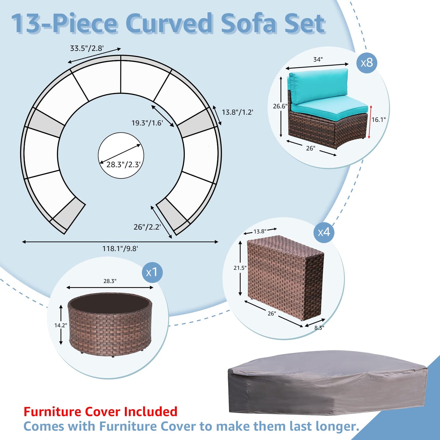 OC Orange-Casual 13 Pieces Sectional Outdoor Furniture, Half-Moon Curved Outdoor Sofa, All-Weather Brown Wicker with Round Coffee Table and Turquoise Cushions (Pillows & Waterproof Cover Incl - WoodArtSupply