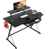 SHW 40 Inch Gaming Desk with Monitor Riser, Drawer and Hooks, Black SHW