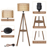 LAMSU Boho Tripod Floor Lamps for Living Room, Rattan Wood Floor Lamp with Fabric Shades, Mid Century Standing Lamp with Shelf, Foot Switch, Modern Farmhouse Tall Lamps for Bedroom Office Brown LAMSU