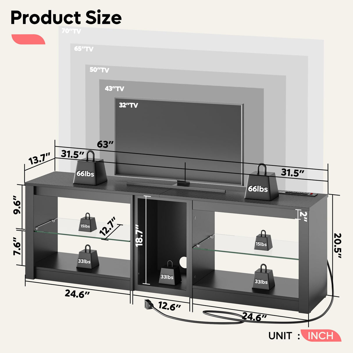 Bestier TV Stand for 70 inch TV with Power Outlets, LED Entertainment Center for PS5, Gaming TV Consoles with Glass Shelves for Living Room, 63'' Inch, Black Carbon Fiber Bestier