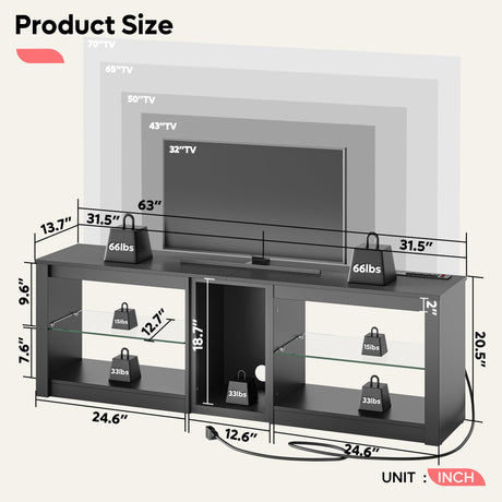 Bestier TV Stand for 70 inch TV with Power Outlets, LED Entertainment Center for PS5, Gaming TV Consoles with Glass Shelves for Living Room, 63'' Inch, Black Carbon Fiber Bestier
