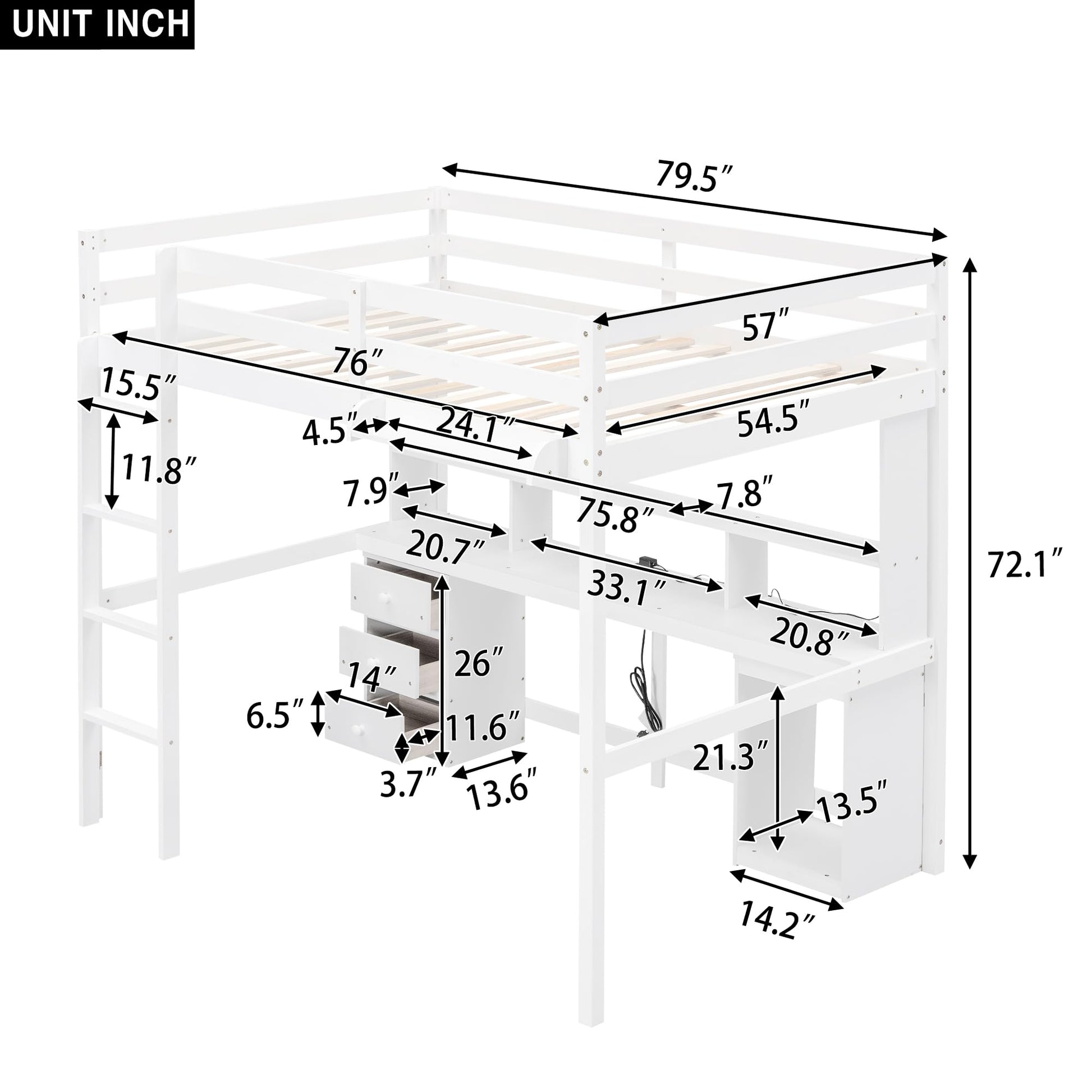 White Full Size Loft Bed with Desk, Storage, LED Lights, and Charging Station - WoodArtSupply