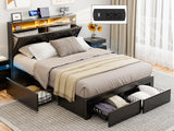 IKIFLY Queen Bed Frame with 4 Drawers, Storage Headboard, LED Lights & Charging Station in Black IKIFLY