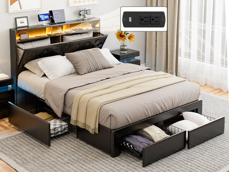 IKIFLY Queen Bed Frame with 4 Drawers, Storage Headboard, LED Lights & Charging Station in Black IKIFLY