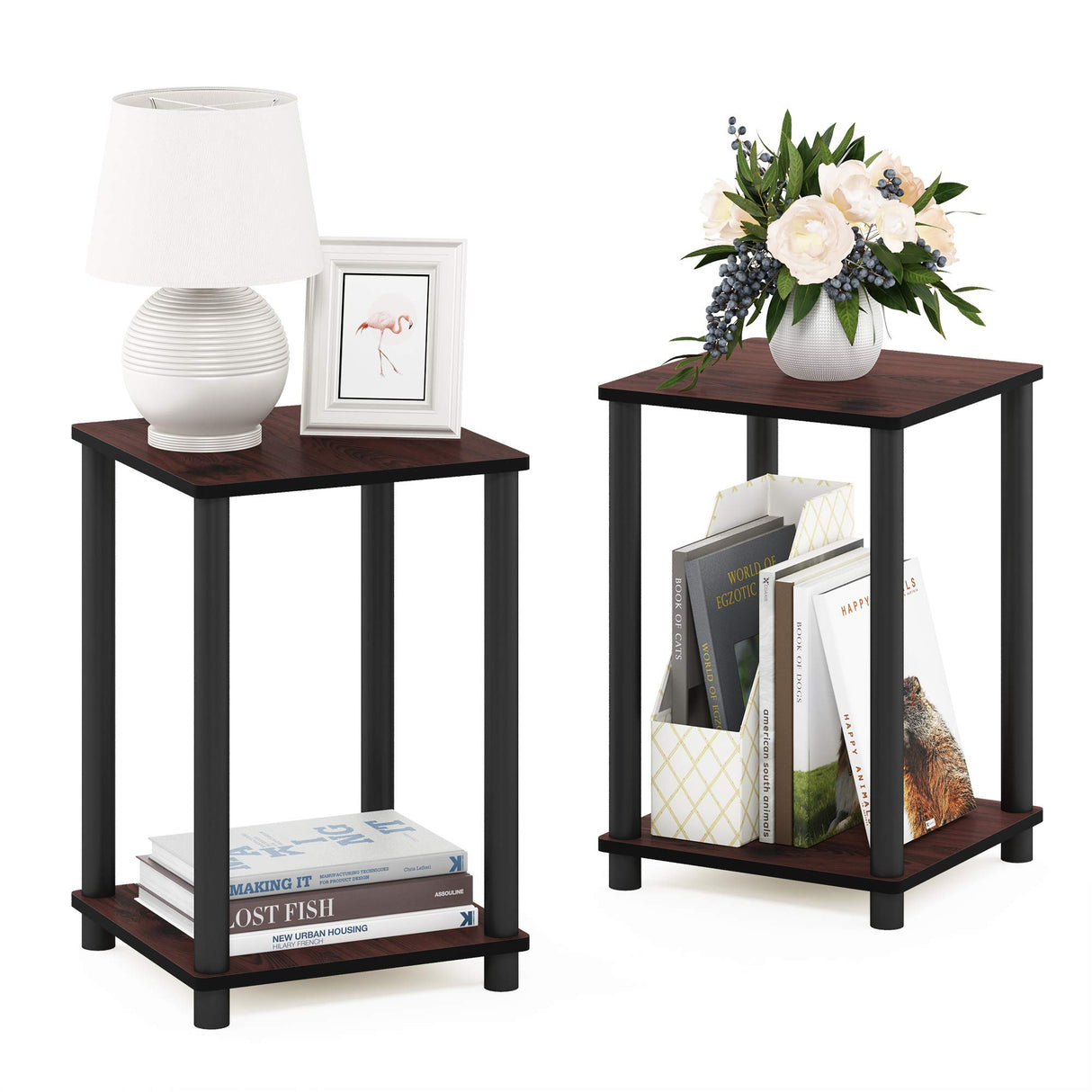 Furinno Turn-N-Tube End Table Corner Shelves, Set of 2, Dark Cherry/Black Furinno