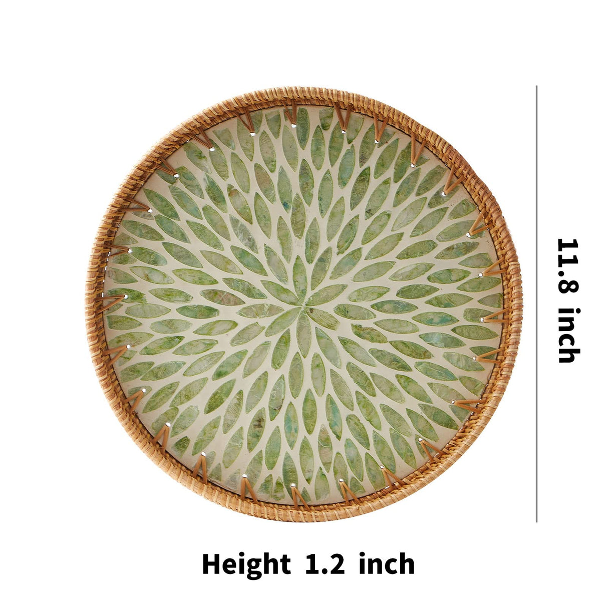 Round Rattan Tray with Mother of Pearl Inlay, Rattan Serving Tray with Wooden Base, Decorative Wicker Basket for Table Decor, Storage and Display of Coffee Bread Food Fruit (Leaf) Kmelep