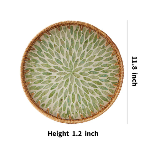 Round Rattan Tray with Mother of Pearl Inlay, Rattan Serving Tray with Wooden Base, Decorative Wicker Basket for Table Decor, Storage and Display of Coffee Bread Food Fruit (Leaf) Kmelep