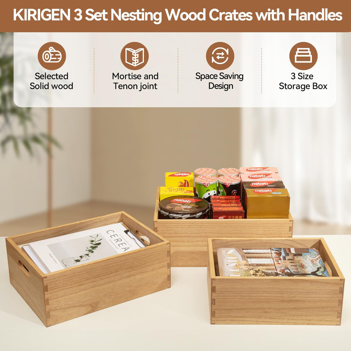 KIRIGEN Nesting Wood Crates with Handles Set of 3 - Farmhouse Decor Wooden Storage Containers/ Portable Rolling Tray Basket/ Crates Decorative Boxes Natural 3TH-NA KIRIGEN