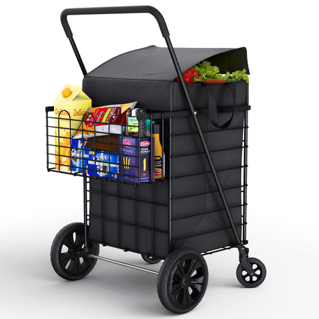 Our Modern Space Shopping Cart w/Waterproof Basket Liner & 360° Swivel Wheels | Foldable Collapsible & Lightweight | Perfect for Groceries Laundry Utility Cart - Black Our Modern Space