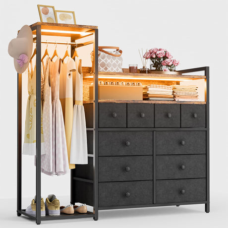 HPWLYO 10 Fabric Drawers Dresser with LED Light,Black Dresser for Bedroom with Clothes Rack, Tall Storage Chest of Drawers, Dressers & Chests of Drawers, Wooden Top, Bedroom, Closet Upgraded HPWLYO