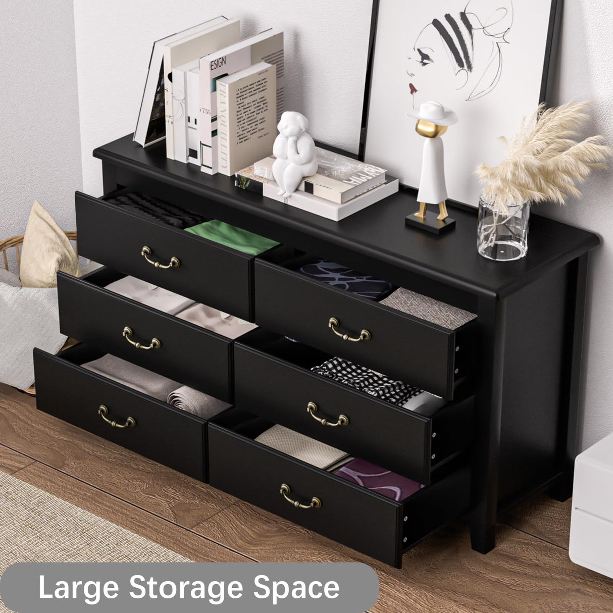 HOUROM Black Dresser for Bedroom, Modern Farmhouse Style 6 Drawer Double Dresser with Vintage Gold Antique Pulls, Dresser and Chest of Drawers, Hallway 6 Drawer Dresser, Antique Black HOUROM