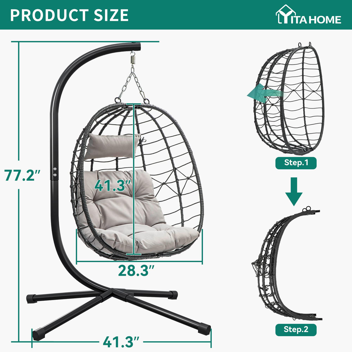 YITAHOME Hanging Egg Swing Chair Outdoor Wicker Hammock Chairs Indoor with Steel Stand UV Resistant Cushion 350lbs for Patio, Bedroom, Garden and Balcony, Gray YITAHOME