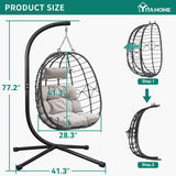 YITAHOME Hanging Egg Swing Chair Outdoor Wicker Hammock Chairs Indoor with Steel Stand UV Resistant Cushion 350lbs for Patio, Bedroom, Garden and Balcony, Gray YITAHOME