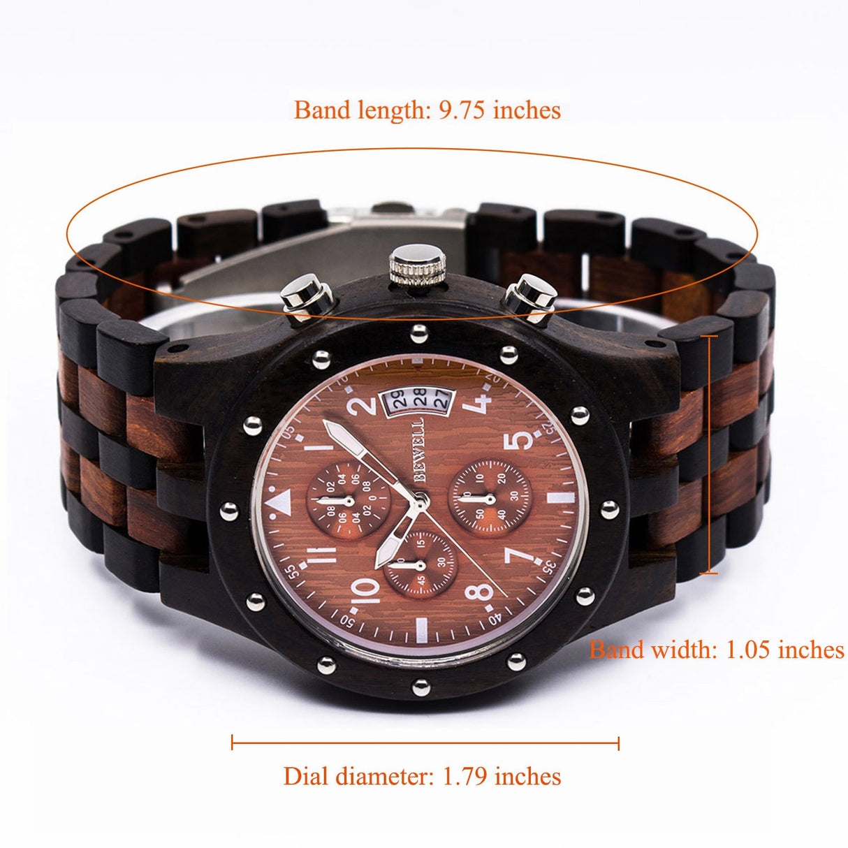 BEWELL W109D Sub-dials Wooden Watch Quartz Analog Movement Date Wristwatch for Men BEWELL