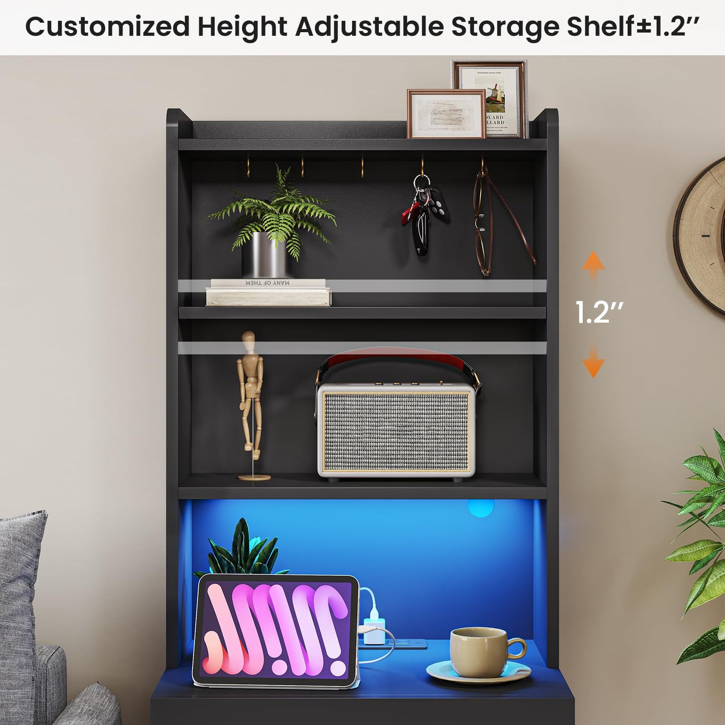 Tall Black Nightstand Set with LED Lights, Charging Station, and Bookshelf - Modern Storage Solution for Bedrooms - WoodArtSupply