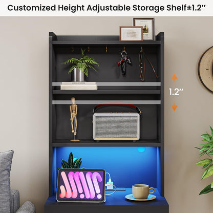 Tall Black Nightstand Set with LED Lights, Charging Station, and Bookshelf - Modern Storage Solution for Bedrooms - WoodArtSupply