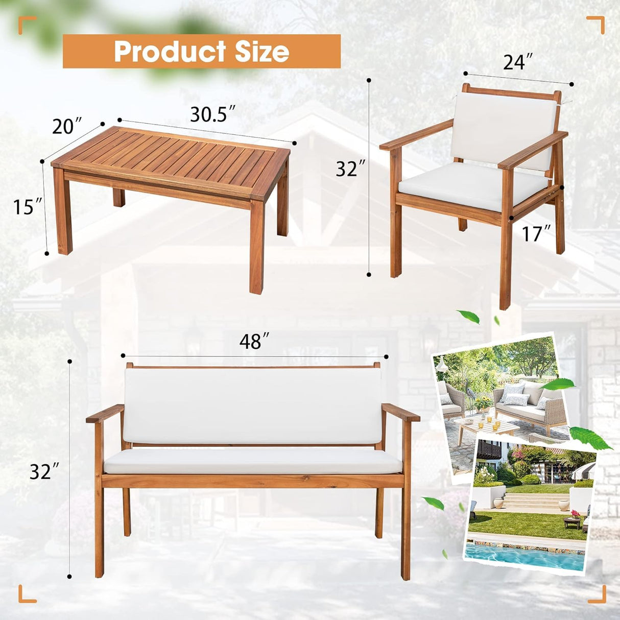 Devoko Patio Furniture 4 Piece Acacia Wood Outdoor Conversation Sofa Set with Table & Cushions Porch Chairs for Garden, Deck, Backyard, Natural Devoko