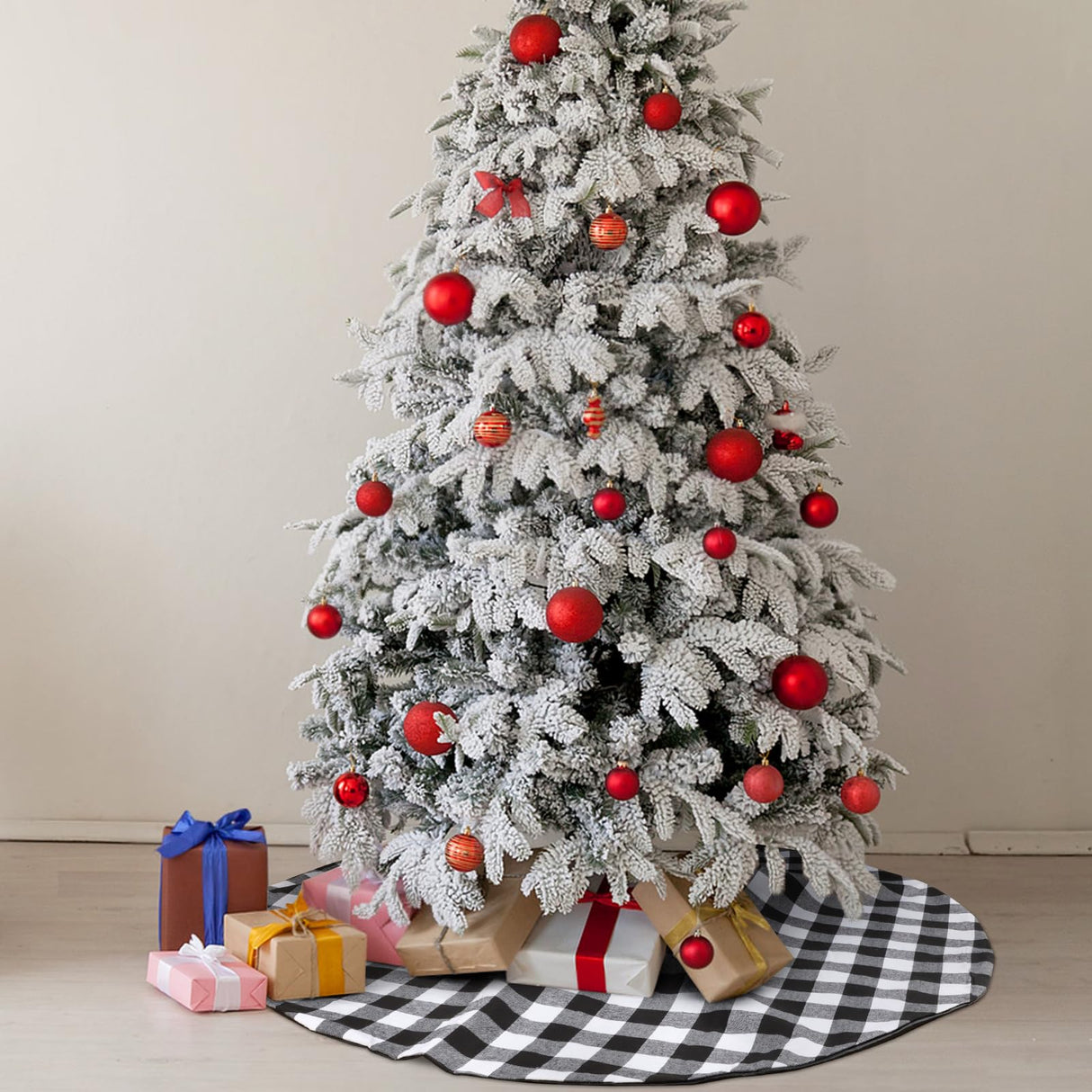 48 Inch Buffalo Plaid Christmas Tree Skirt Large Black and White Buffalo Plaid Double Layers Tree Skirt for Holiday Christmas Decorations Hxezoc