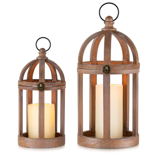 Staymoment Farmhouse Lantern Decor Set of 2 - Indoor Rustic Wooden Lanterns Decorative Candle Holder for Table Centerpiece Fireplace Mantle, 13" & 10" Hanging Home Decor, Brown