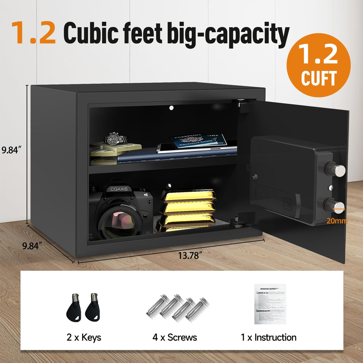 <1.2 cu.ft.>Goldenkey Small Digital Safe Box for Document with Electronic Keypad&Removable Shelf, Personal Safe for Home Office, Hotel, Silent Model, Wall&Floor Mount, 9.84"D x 13.78"W x 9.84"H GOLDENKEY