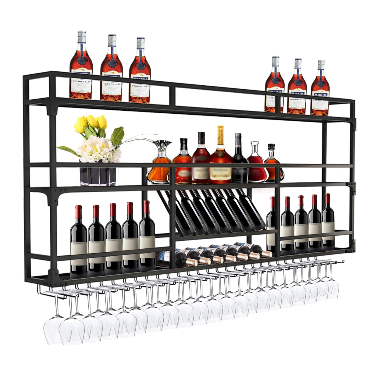 47.2in Wall Mounted Wine Rack, Wine Rack Wall Mounted With Wine Glass Rack, Metal Bar Bottle Display Shelf Wine Cups Hanging Holder, For Home Bar Cafe Dining Room Decoration (BLACK, 47.2*10*35.5inch) amhricho