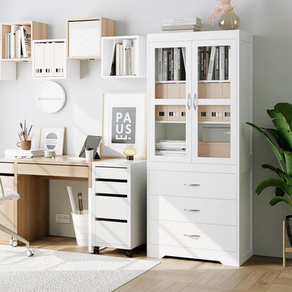 FOTOSOK White Kitchen Pantry Cabinet, 67’’ Freestanding Tall Storage Cabinet with 2 Tempered Glass Doors, Modern Kitchen Cupboard Large Floor Cabinet with 3 Shelves & 3 Drawers for Home Office