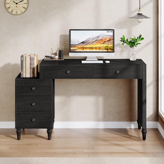 Tribesigns Computer Desk with 5 Drawers, Wood Home Office Desk with Reversible File Drawers and Printer Stand, Black Writing Desk, Study Table Workstation for Small Spaces - WoodArtSupply