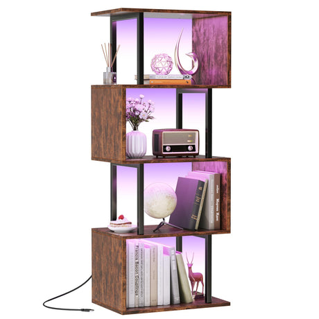 Furologee 5 Tier Geometric Bookshelf with LED Light, Small S-Shaped Bookcase, Industrial Display Standing Shelf, Metal Wooden Decorative Storage Shelves for Bedroom, Living Room, Office, Rustic Brown Furologee