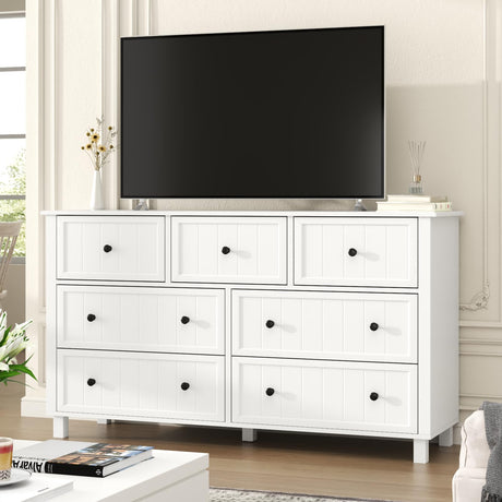 Farmhouse Dresser with 7 Drawers, White Dresser for Bedroom, Chest of Drawers, Modern Dresser for Closet, TV Stand with Large Drawers, Storage Dresser Organizer Clothes for Living Room, Hallway Gyfimoie