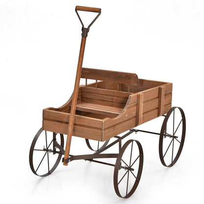 Giantex Decorative Garden Planter, Small Wagon Cart with Metal Wheels, Wood Raised Beds Plant Pot Stand for Backyard Garden Patio 24.5"x13.5"x24" (Natural)