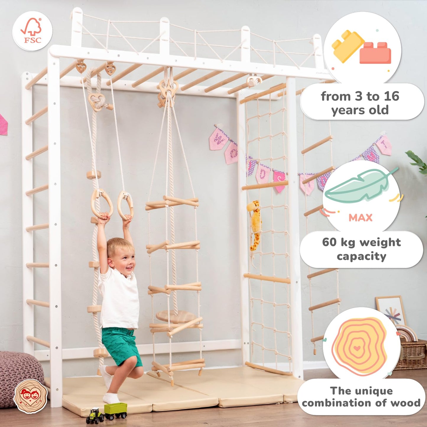 Woodandhearts Large Swedish Ladder Bundle: Playmat, Monkey Bars, Indoor Swing, Gymnastics Ladder, Montessori Climbing Wall Net, Baby Gym (Triangle Symmetrical Rope Ladder)