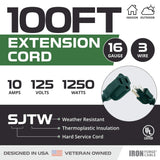 Iron Forge Cable Weatherproof Outdoor Extension Cord 100 ft, 16/3 SJTW Heavy Duty Green Extension Cord 3 Prong, Power Cable Great for Outside, Outdoor Lights, Lawn & Landscaping - US Veteran Owned IRON FORGE CABLE