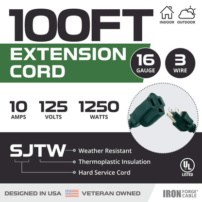 Iron Forge Cable Weatherproof Outdoor Extension Cord 100 ft, 16/3 SJTW Heavy Duty Green Extension Cord 3 Prong, Power Cable Great for Outside, Outdoor Lights, Lawn & Landscaping - US Veteran  - WoodArtSupply