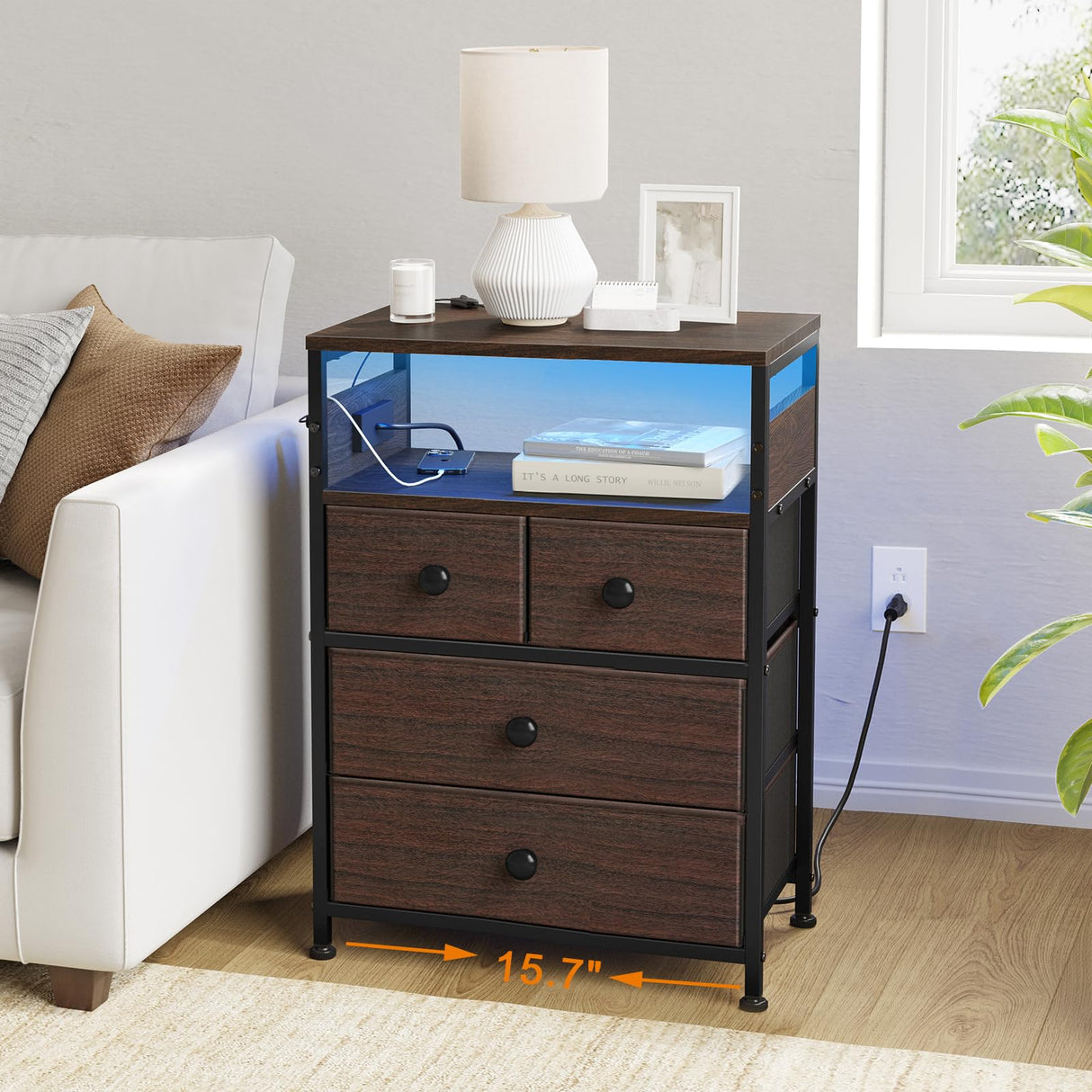 REAHOME Nightstand with Charging Station and LED Light, Tall Brown Night Stand with 4 Drawers and 2-Tier Shelf, Modern End Table with Wooden Top for Bedroom, Living Room, Hallway - Rustic Brown REAHOME