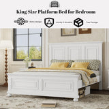 Duxelifin King Size Platform Beds for Bedroom, Tall Headboard King Bed Frame with Footboard, Pinewood Antique Bed Frame, Farmhouse Style, Noise-Free, No Box Spring Needed, White Duxelifin
