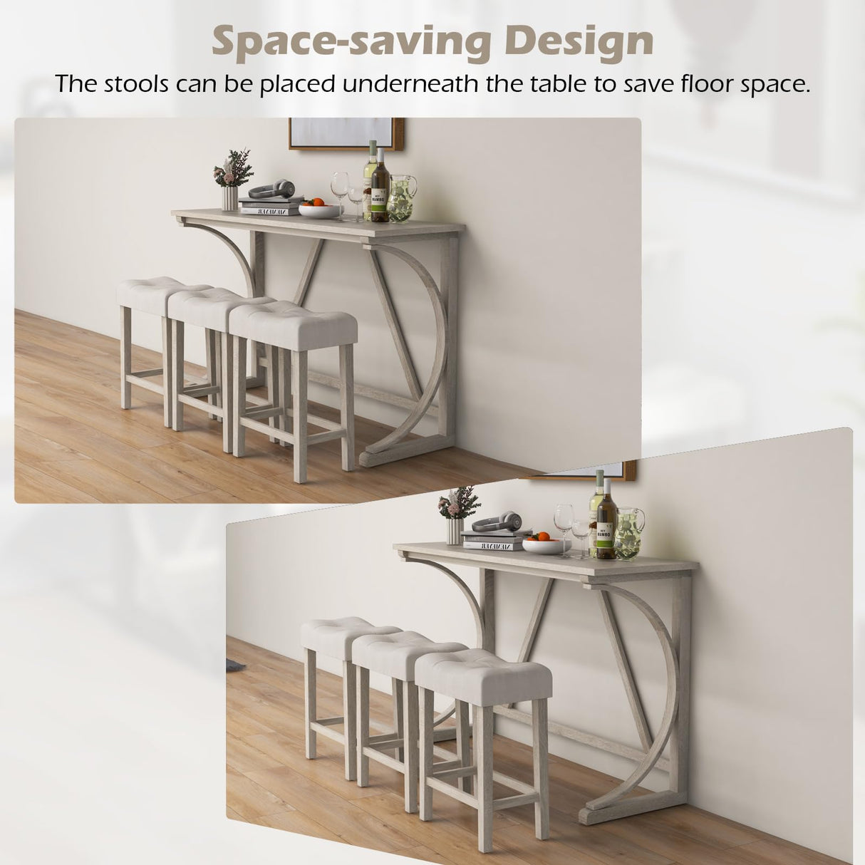 COSTWAY 4-Piece Farmhouse Bar Table Set with Power Outlet, Counter Height Dining Table Set w/ 3 Upholstered Stools, Wood Console Table Set Bistro Table Set for Kitchen, Dining Room, Living Room COSTWAY