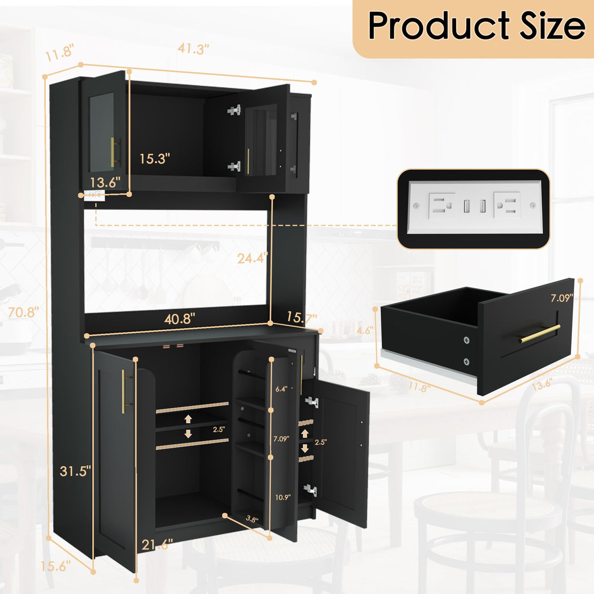 Vrmuxita Black Kitchen Pantry with Countertop: 71" Tall Kitchen Pantry Hutch Cabinet with Storage, Cabinet Hutch with Lights Outlets, Large Wood Food Cabinets (Black) Vrmuxita