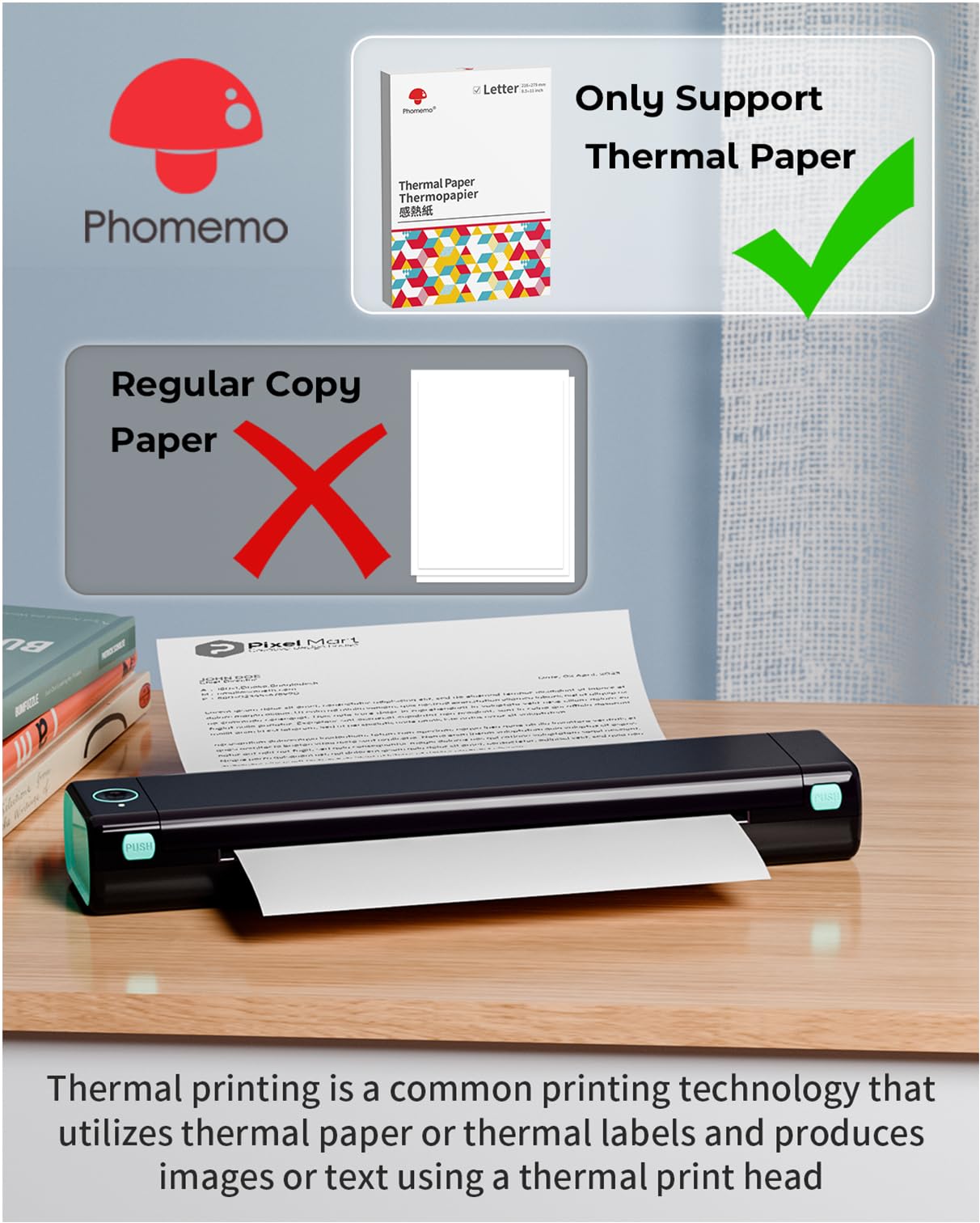 Phomemo M08F Portable Printers Wireless for Travel, Thermal Printer Support 8.5" X 11" US Letter Thermal Paper, Bluetooth Inkless Printer Compatible with iOS, Android, Laptop for Travel, Office, Home Phomemo