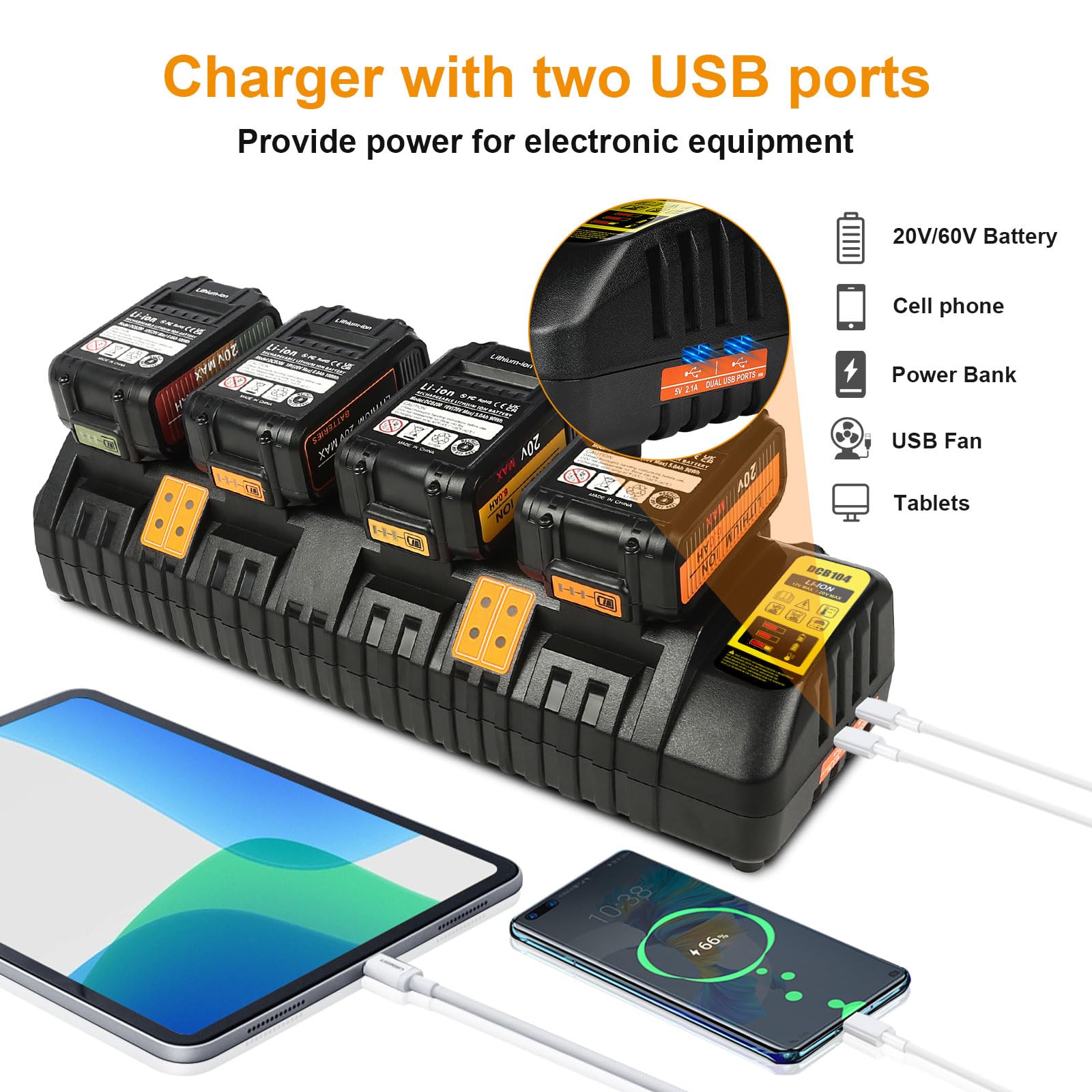 4-Port 12/20V Battery Charger Station Replacement for Dewalt Battery Charger DCB104, Compatible with Dewalt 12V 20V Max Lithium Battery Station, 4-Port Simultaneous Charging Black - WoodArtSupply