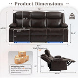 PALLOME Power Reclining 3-Seater Sofa for Home Theater, Electric Recliner Couch with LED Lights, USB & Type-C, RV Sofa with Cup Holders, Side Pocket, Faux Leather (Brown) PALLOME