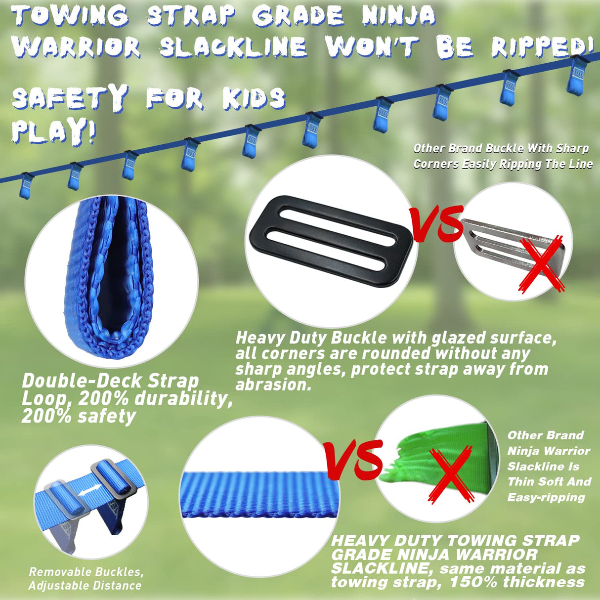 Rainbow Craft Ninja Warrior Obstacle Course for Kids - 50ft Slackline, 12 Removable Buckle Loops, 12 Ninja Attachments, Outdoor Training Equipment Rainbow Craft