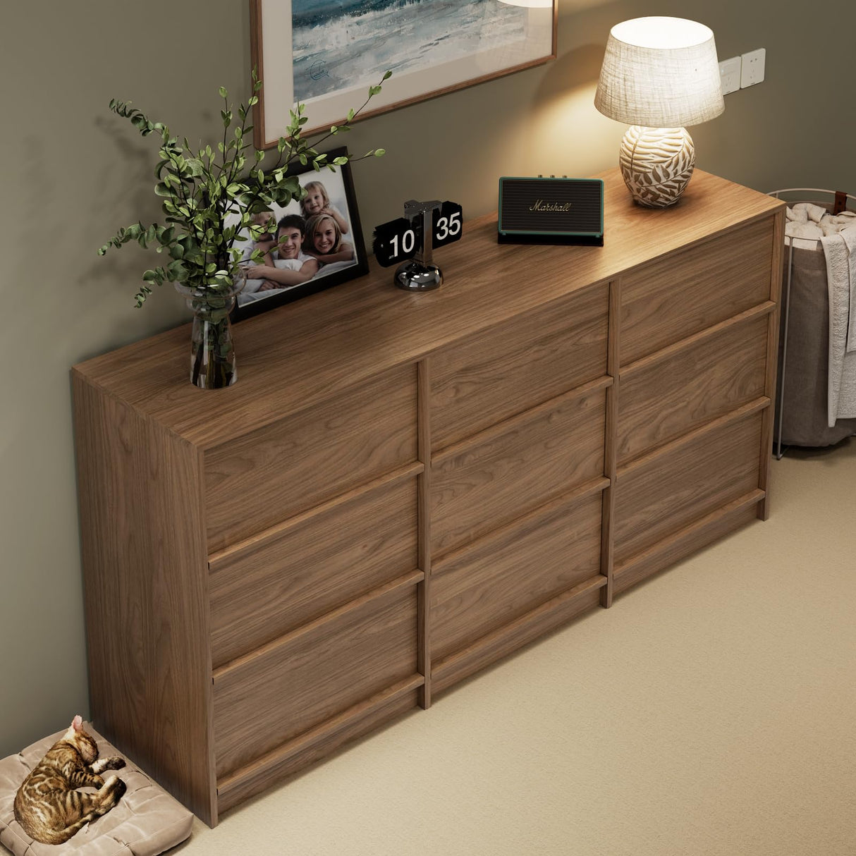 Jiaoun 63" W 9 Drawer Dressers for Bedroom, Modern Large Wood Dresser Chest of Drawers, Wide Dresser Organizer for Living Room, Hallway,Brown