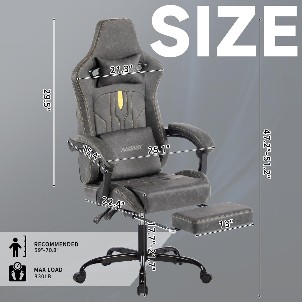 Gaming Chair, Video Game Chair with Massage Lumbar Support and Footrest, Comfortable Ergonomic Computer Chair with Linkage Armrests, Height Adjustable Racing Game Chair Pu Leather for Adults, Grey NIONIK