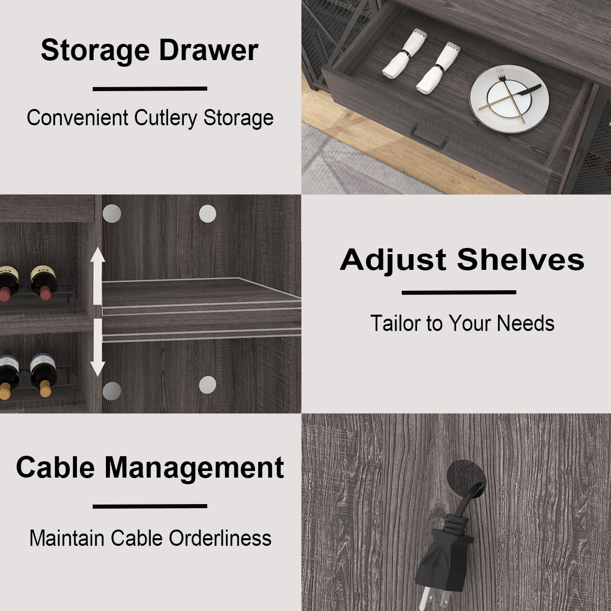 LVB Long Bar Cabinet with Fridge Space, Farmhouse Big Liquor Cabinet with Drawer Storage, Rustic Wood Metal Large Wine Cabinet with Rack, Modern Sideboard Buffet for Kitchen Dining Room, Gray, 70 Inch LVB