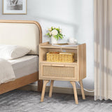 Lerliuo Rattan Nightstand with Charging Station, Boho Side Table with Drawer Open Shelf, Cane Accent Bedside End Table with Solid Wood Legs for Bedroom, Dorm and Small Spaces Lerliuo