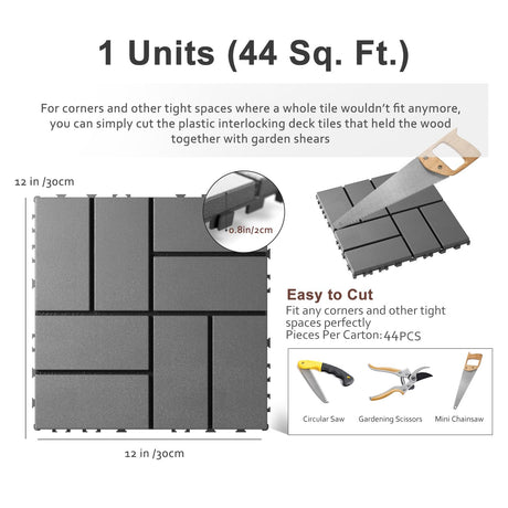Interlocking Deck Tiles, EchoDeck Patio Deck Tiles, 44 Pack Deck Tiles Interlocking Outdoor All Weather, 12"x12", 8 Slat, 44 Sq. Ft, Highly Durable, Stylish, Non-Slip, Faster-Drying, Dark Grey EchoDeck